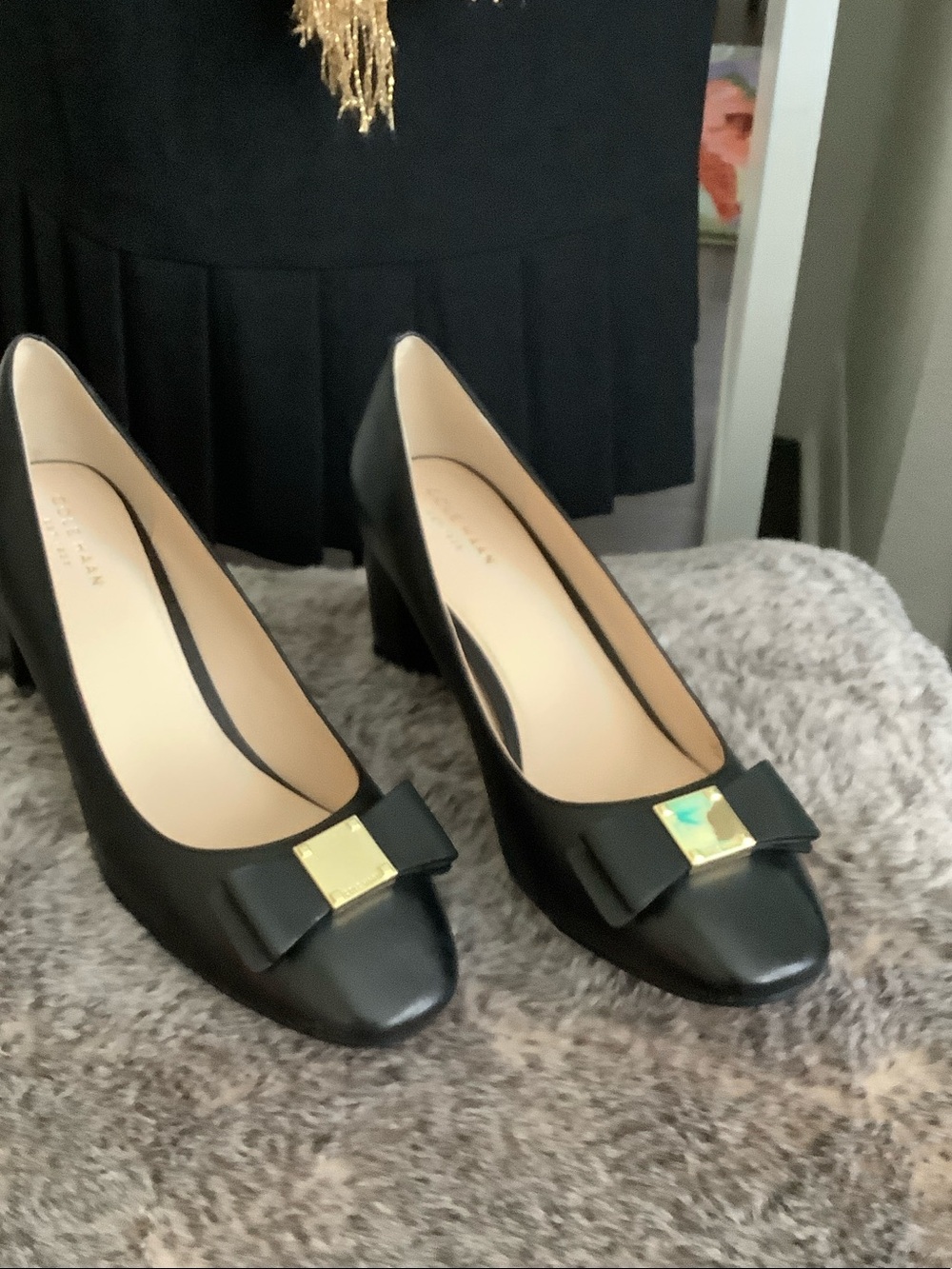 Cole Hahn Classic Black Bow Block-Heel Pumps with Gold Accent